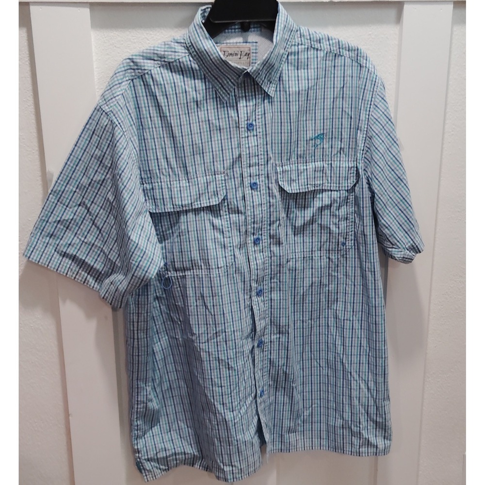 Bimini Bay Men's L Woven Plaid Blue/Green/White Button-Up SS Pockets Embroidered